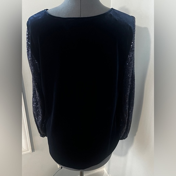NWT Alex Evenings Sz M Formal Navy Blue Velvet Top with Sequin Long Sleeves - Picture 6 of 16